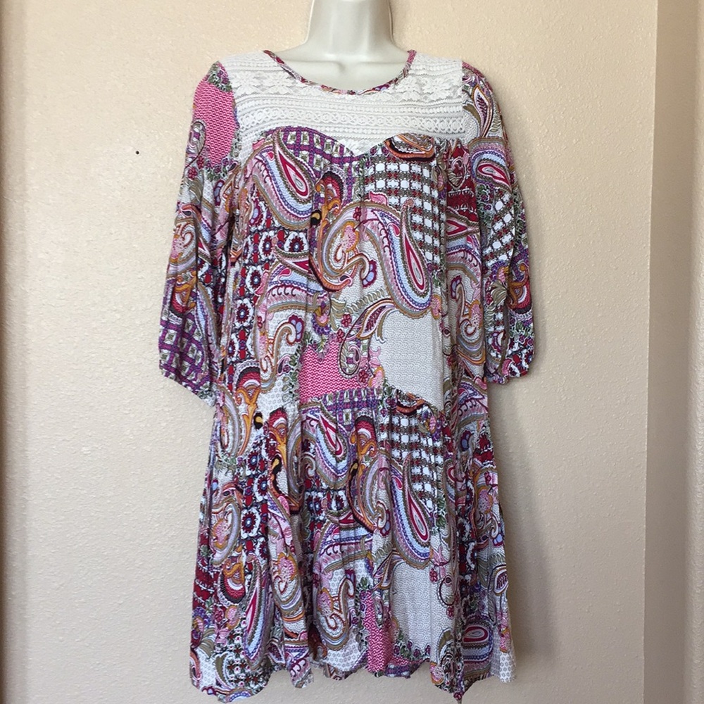 UMGEE Boho Pink Paisley Dress Lace Collar MED